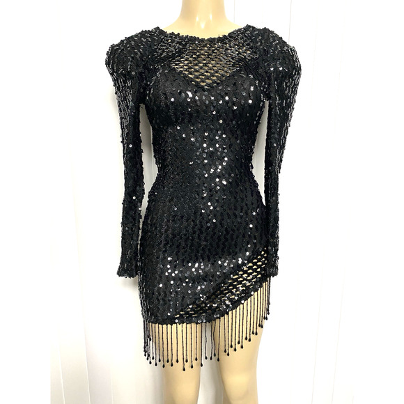 Climax Karen Okada Dress Vintage Black Sequined Beaded Mini Long Sleeve … - Picture 1 of 12